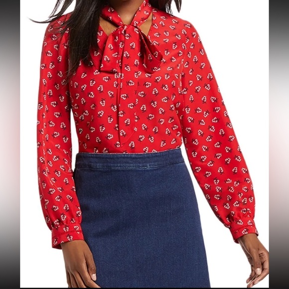 Draper James Floral Tie Neck Blouse Red Long Sleeve Large - Picture 2 of 14